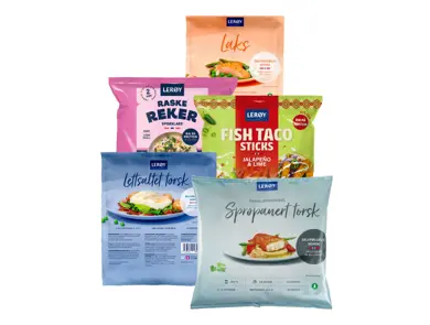 Fire forskjellige fiskeprodukter fra Lerøy fisk.