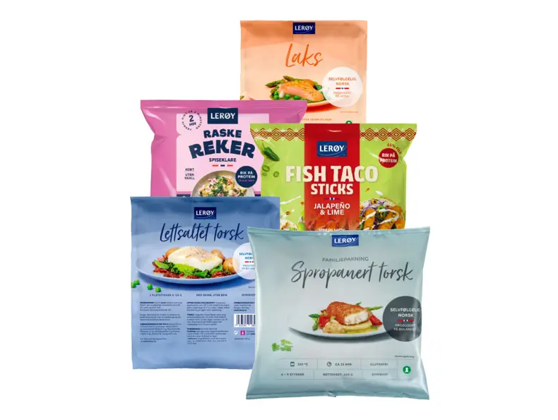 Fire forskjellige fiskeprodukter fra Lerøy fisk.