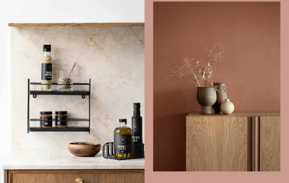 Kjøkkenbenk med oljer og bolle, hylle på veggen.