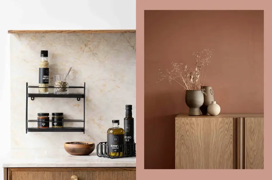 Kjøkkenbenk med oljer og bolle, hylle på veggen.