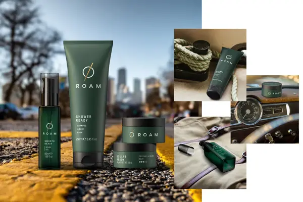 Produktbilder med hårprodukter til menn