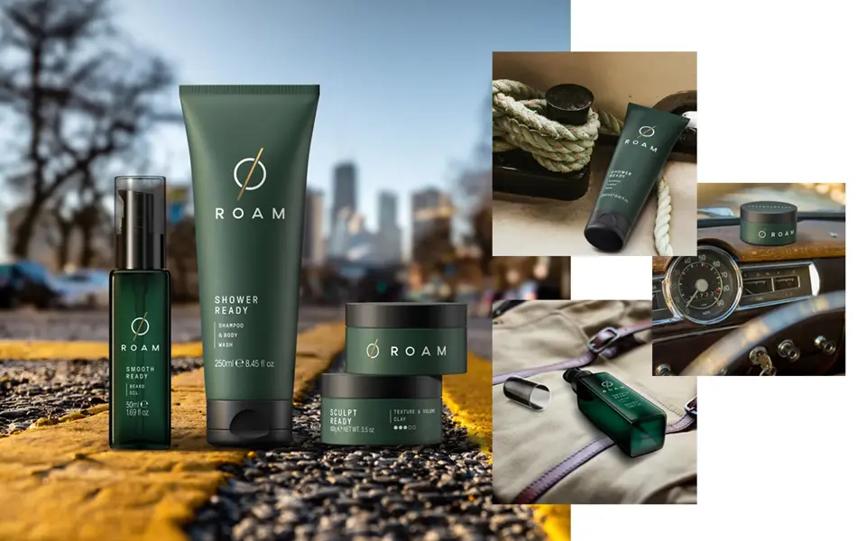 Produktbilder med hårprodukter til menn