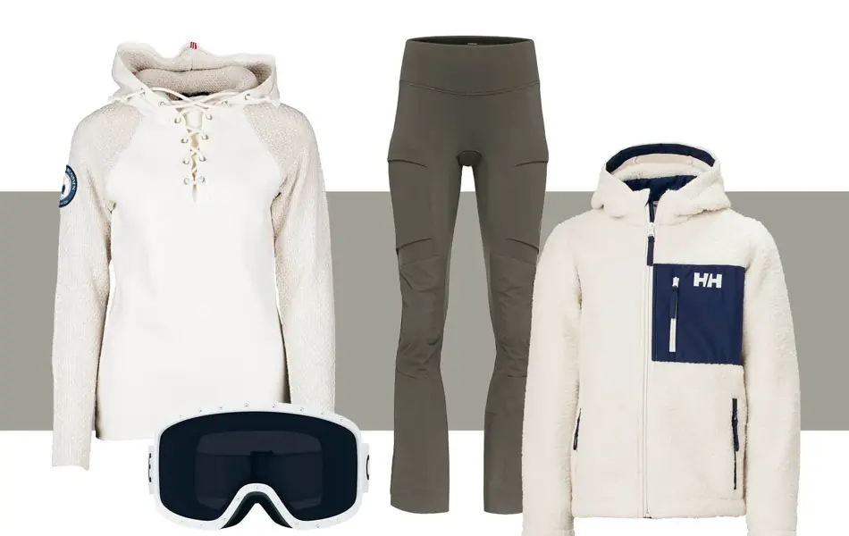 Hvit skigenser med hette, alpinbriller, skibukse og hvit teddyjakke til junior
