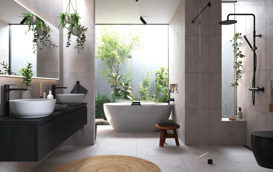 Baderom med hvite filser, badekar, grønne planter, dusj og vask, speil og toalett.