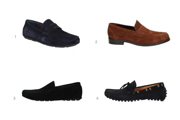 Fire herremokasiner. Tre i svart og den oppe i høyre hjørne er brun.