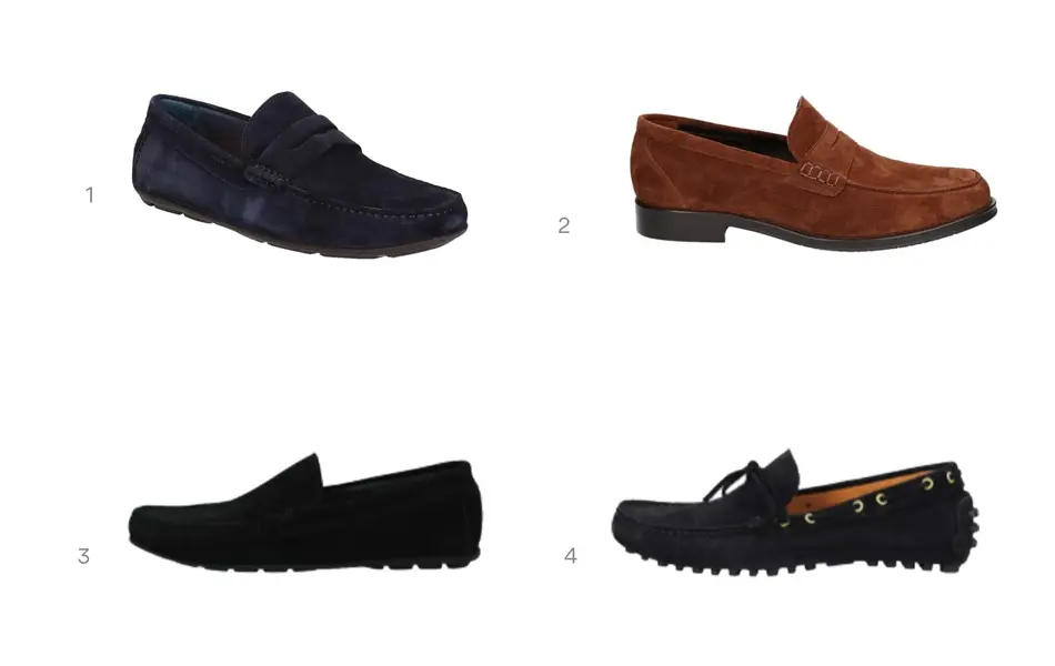 Fire herremokasiner. Tre i svart og den oppe i høyre hjørne er brun.