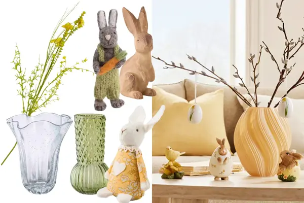 Plastgrener, tulipanvase, grønn vase, tøykanin, liten kanin med gulrot, trekanin, Bord med pyntekaniner, gul vase med grener.