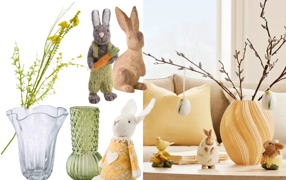 Plastgrener, tulipanvase, grønn vase, tøykanin, liten kanin med gulrot, trekanin, Bord med pyntekaniner, gul vase med grener.