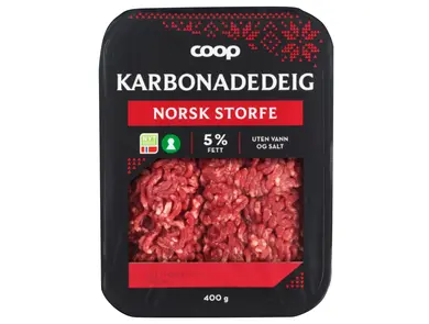 Pakke med karbonadedeig av norsk storfe fra Coop.