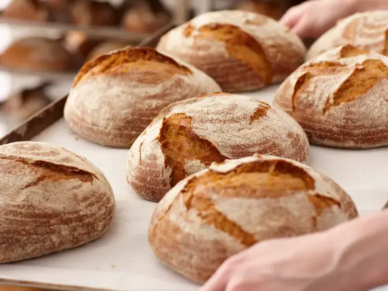 Brett med nystekt, rundt brød blir bært