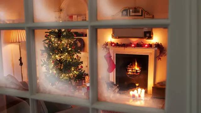 En julepyntet stue sett gjennom et vindu 