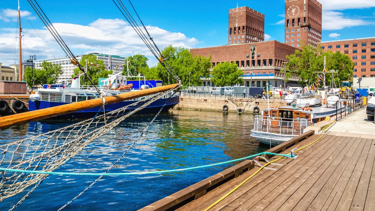 Amazing Oslo City Hall seen from Oslo Harbour, Oslo Fjord, Norway