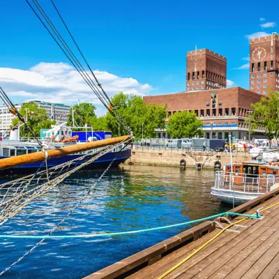 Amazing Oslo City Hall seen from Oslo Harbour, Oslo Fjord, Norway
