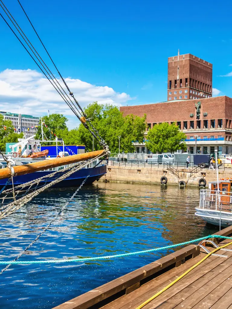 Amazing Oslo City Hall seen from Oslo Harbour, Oslo Fjord, Norway