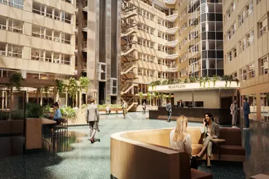 3D-illustrasjon av atriet i Vika Atrium, med sosiale sittegrupper og resepsjon som sentrale elementer