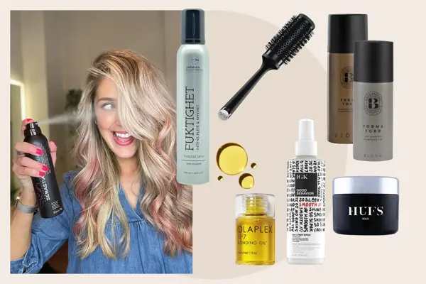 Damemodell som bruker hårspray på sitt lange bløgete hår. Produktfoto av børste, hårolje, fuktighetsspray og stylingkrem.