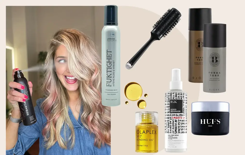 Damemodell som bruker hårspray på sitt lange bløgete hår. Produktfoto av børste, hårolje, fuktighetsspray og stylingkrem.