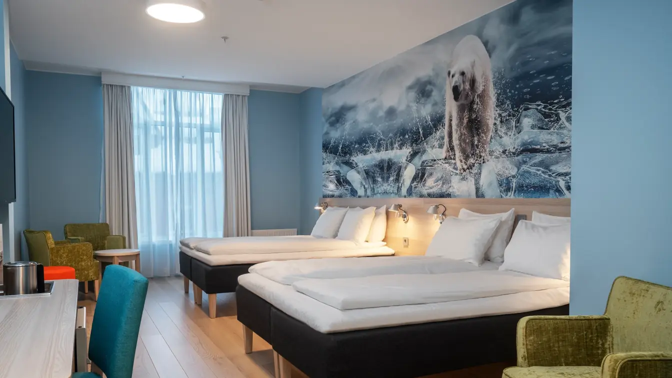 To dobbeltsenger, vegger, skrivebord, grønn stol, vindu, gardiner, bilde av isbjørn