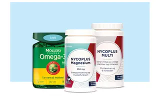 Omega-3, magnesium og multivitaminer fra Møller’s og Nycoplus.