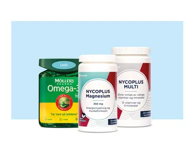 Omega-3, magnesium og multivitaminer fra Møller’s og Nycoplus.