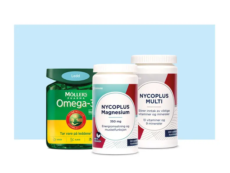 Omega-3, magnesium og multivitaminer fra Møller’s og Nycoplus.