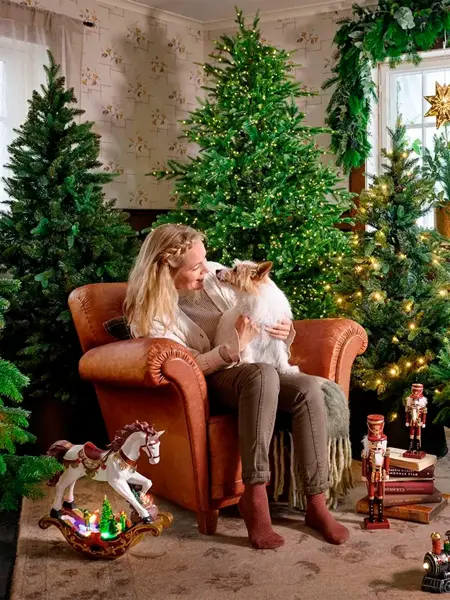 Dame og en hund som sitter i en stol+