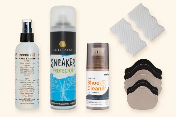 Kollasj med produkter til skopleie