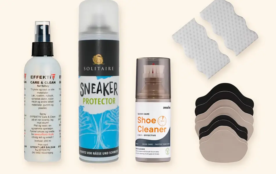 Kollasj med produkter til skopleie