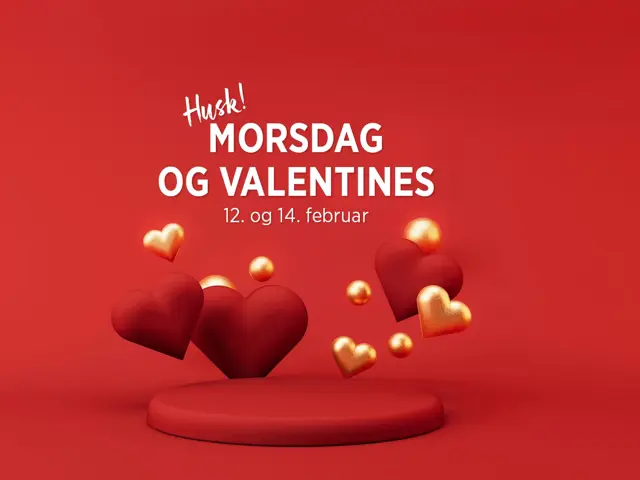 Husk morsdag og valentines 12. og 14. februar. hjerter i rødt og gull