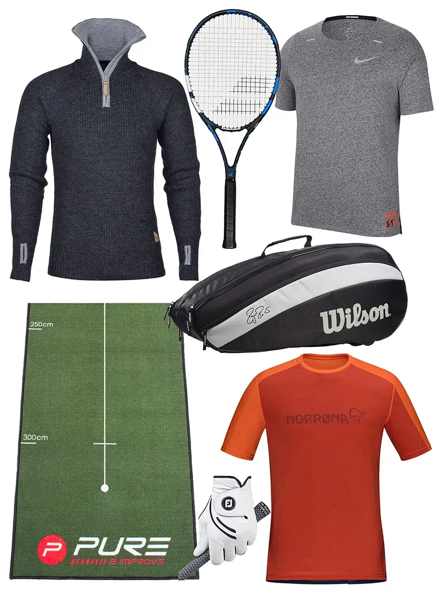 kollasj av forskjellige produkter: golfmatte, ullgenser, treningsskjorte