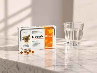 En boks med D-Pearls fra Pharma Nord står ved siden av et glass med vann.