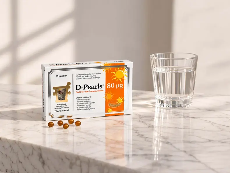 En boks med D-Pearls fra Pharma Nord står ved siden av et glass med vann.