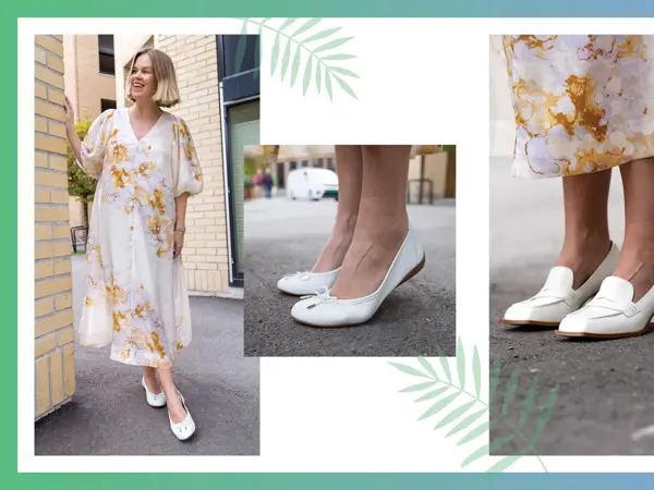 Dame med lys blomstrete kjole og hvite ballerinasko, føtter med hvite ballarinasko, føtter med hvite loafers med hæl.