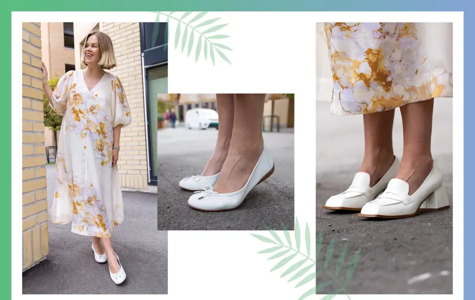 Dame med lys blomstrete kjole og hvite ballerinasko, føtter med hvite ballarinasko, føtter med hvite loafers med hæl.