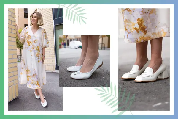 Dame med lys blomstrete kjole og hvite ballerinasko, føtter med hvite ballarinasko, føtter med hvite loafers med hæl.