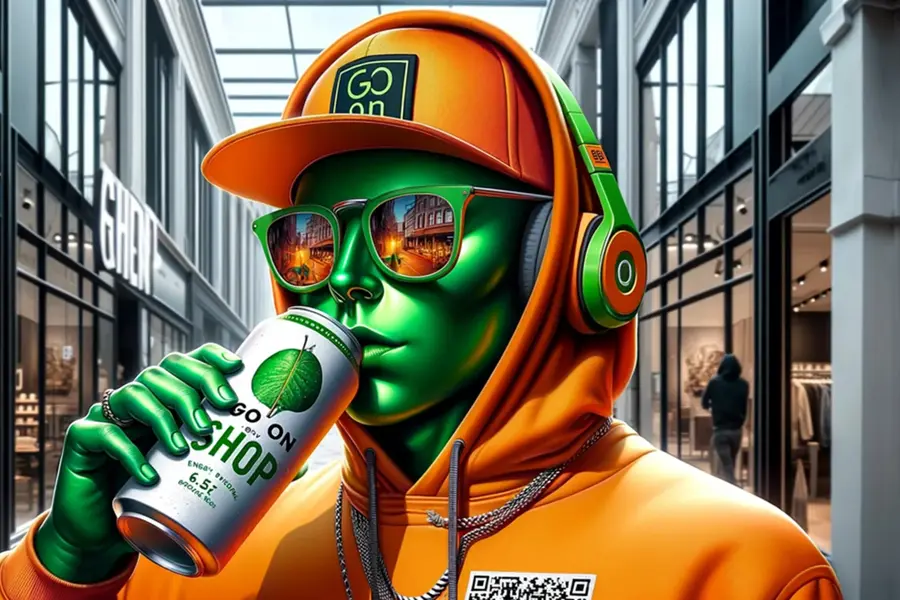 En AI-generert karakter med grønn hud, iført en oransje og grønn caps, hettegenser, hodetelefoner og solbriller, mens den drikker fra en boks, med et kjøpesenter i bakgrunnen.