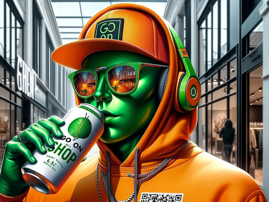 En AI-generert karakter med grønn hud, iført en oransje og grønn caps, hettegenser, hodetelefoner og solbriller, mens den drikker fra en boks, med et kjøpesenter i bakgrunnen.