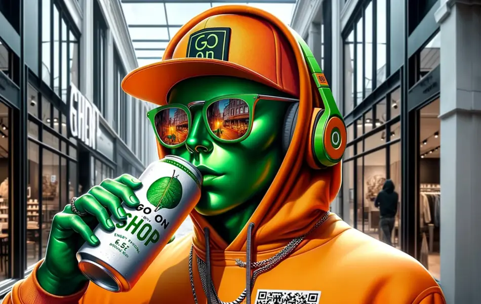 En AI-generert karakter med grønn hud, iført en oransje og grønn caps, hettegenser, hodetelefoner og solbriller, mens den drikker fra en boks, med et kjøpesenter i bakgrunnen.