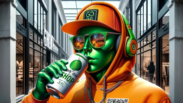 En AI-generert karakter med grønn hud, iført en oransje og grønn caps, hettegenser, hodetelefoner og solbriller, mens den drikker fra en boks, med et kjøpesenter i bakgrunnen.