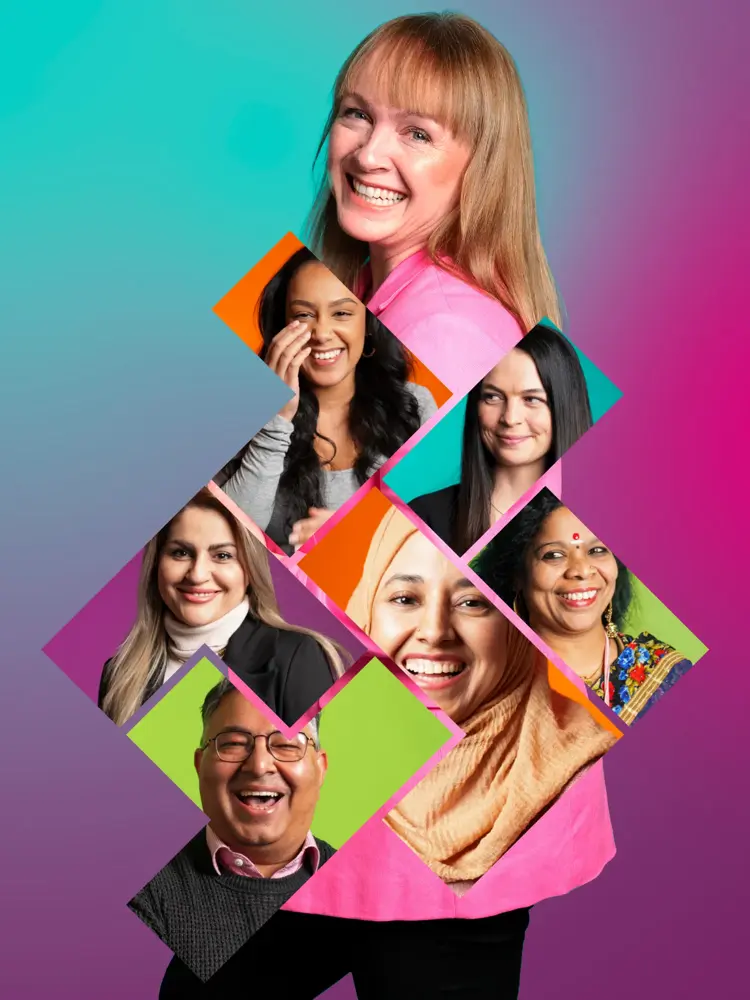 Dame som smiler med kollasj av andre personer foran