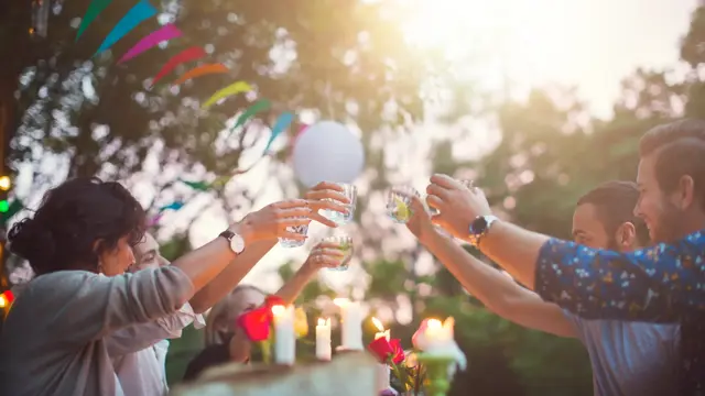 Hender som skåler på sommerfest i hage