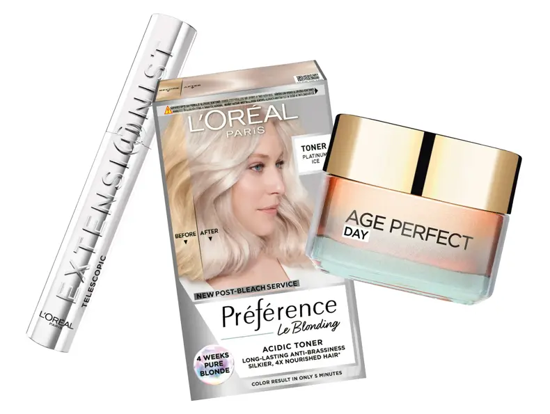 Utvalg av hårfarge, mascara og ansiktskrem fra L’Oréal Paris.