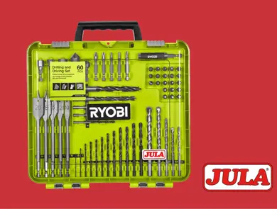 Ryobi borr- og bitssett i grønn oppbevaringskoffert