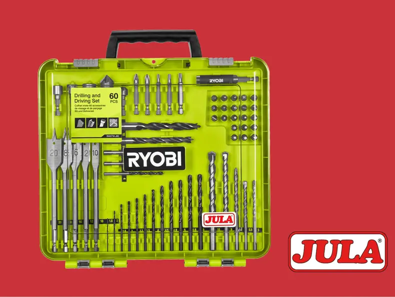 Ryobi borr- og bitssett i grønn oppbevaringskoffert