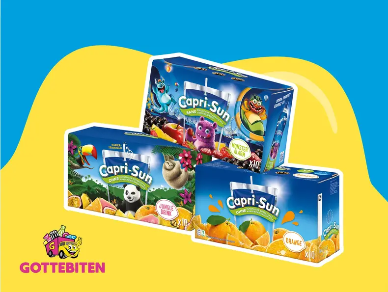 Tre bokser med Capri-Sun i forskjellige smaker.