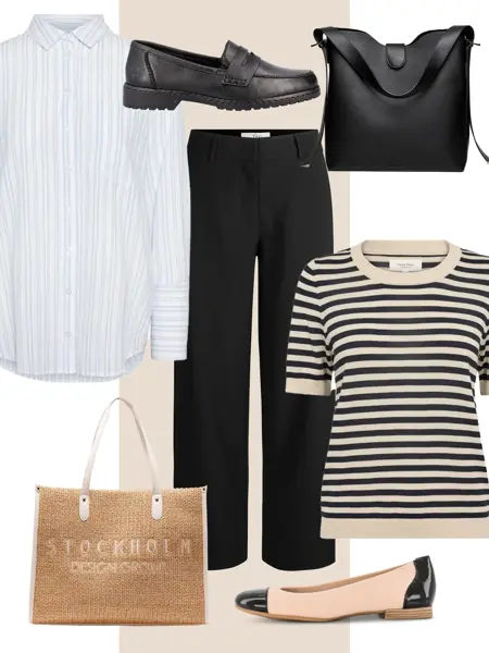 Blåstripete skjorte, sorte loafers, sort skulderveske, sort bukse, sort og beigestripet kortermet genser, strå skulderveske, beige og sorte ballerinasko.