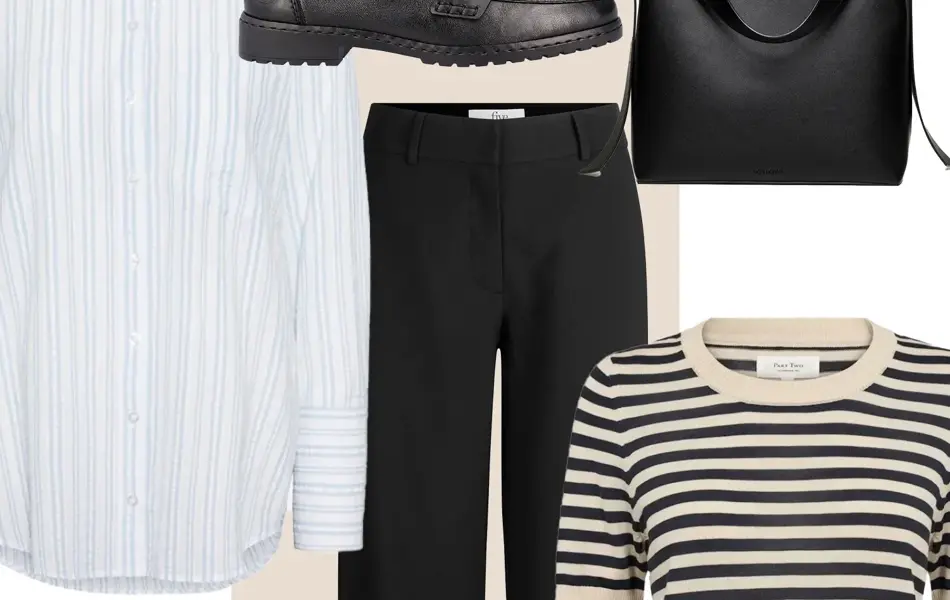 Blåstripete skjorte, sorte loafers, sort skulderveske, sort bukse, sort og beigestripet kortermet genser, strå skulderveske, beige og sorte ballerinasko.
