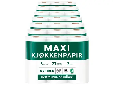Flere pakker Maxi kjøkkenpapir med tre ruller per pakke.