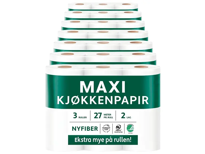 Flere pakker Maxi kjøkkenpapir med tre ruller per pakke.