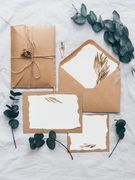 Mock up creative wedding invitation set with eucalyptus branch  on linen background